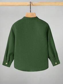 儿童男孩休闲立领纽扣衬衫，卡其色衬衫，基本款上衣，返校季，适合花园、海滩、生日 - 綠色 - 查看 2