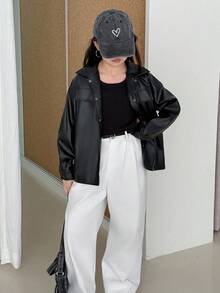 DAZY 青少年女孩纯色纽扣前休闲长袖夹克 - 黑色 - 查看 6
