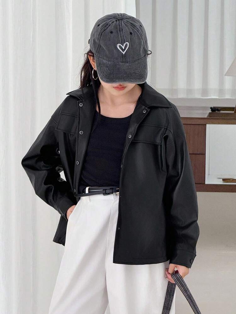 Tween Girl Solid Color Button Front Casual Long Sleeve Jacket