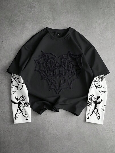 PAVTROS Maglietta da uomo stile street-style popolare, con stampa di angelo Cupido abbinata, ricamo a cuore, adatta per festival musicali all'aperto, discoteche, regalo per fidanzato/marito, regalo per anniversario, 2 in 1, per l'autunno