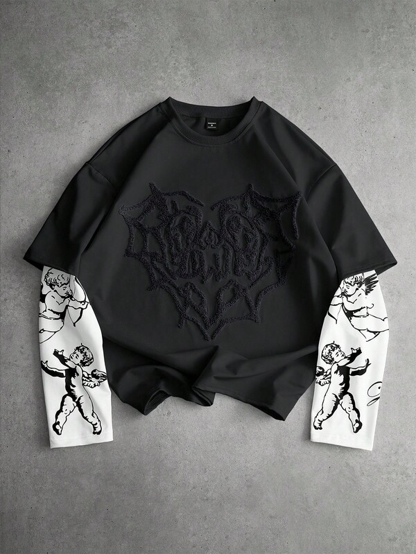 PAVTROS Maglietta da uomo stile street-style popolare, con stampa di angelo Cupido abbinata, ricamo a cuore, adatta per festival musicali all'aperto, discoteche, regalo per fidanzato/marito, regalo per anniversario, 2 in 1, per l'autunno