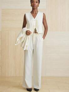 Aveloria Modichic 3 Pieces Set: Chinese Style Exquisite Button Vest, Long Sleeve Collarless Jacket, And Straight Leg Pants