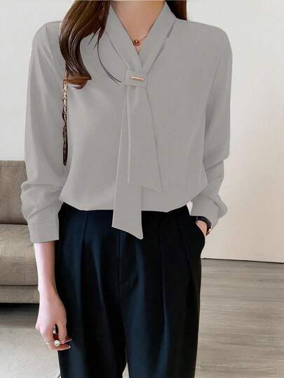 Women's Simple Solid Color Tie-Neck Business Casual Blouse, Suitable For Spring & Autumn Fall Cloth For Women