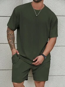 Manfinity Homme Men Plus Size 2pcs Outfit Set - Solid Color Short Sleeve T-Shirt And Shorts, Minimalist Style, Suitable For Summer, Cozy Outfits - Dark Green - View 5