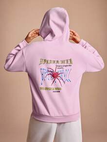 Streetz SHEIN Sport 女士字母蜘蛛印花长袖抽绳连帽卫衣，万圣节、诸圣节万圣节T恤、万圣节主题卫衣 - 粉色 - 查看 2
