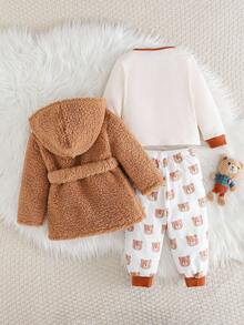 Cozy Pixies 3 pezzi Set da bambino maschio composto da: Maglia a girocollo in maglia con stampa di orsetti, Pantaloni in vita elastica, Accappatoio con cappuccio, Fodera in pile spesso