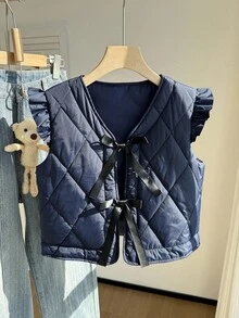 SHEIN Chaqueta de invierno con cuello en V y mangas cortas con decoración de lazo para niña preadolescente