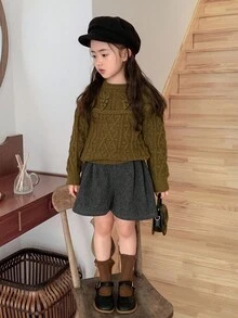 DAZY Girls (Small) Solid Color Wool Blend Casual Shorts, Autumn/Winter - Grey - View 3