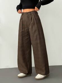 SHEIN PETITE Casual Vintage Pleated Plaid Suit Pants, Autumn And Winter Graduation,Back To School,Teacher Outfits For Women Baggy - Coffee Brown - View 6