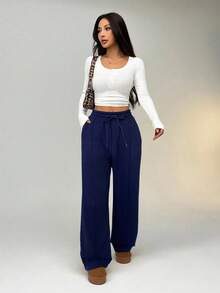 SHEIN EZwear 卵石缝线细节直筒运动裤 - 藏蓝色 - 查看 5