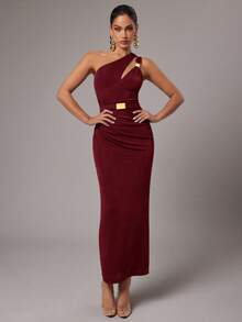 Silquee Women's Solid Color Asymmetric Neckline Hollow Out Elegant Sleeveless Dress,Red Dresses For Women,Christmas Dresses For Women - Burgundy - View 5
