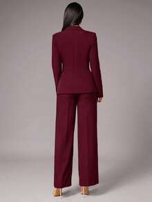 Silquee Traje de chaqueta y pantalones de unicolor con cuello de solapa, manga larga, nudo lateral, elegante para ir al trabajo, adecuado para cóctel, cita romántica, fiesta básica de otoño/invierno, fiesta formal, boda - Burdeos - Ver 4