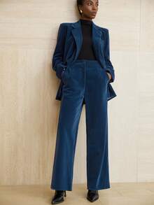 Aveloria Modichic Bộ đồ vest nhung hai hàng khuy công sở và quần ống rộng cho nữ - Màu xanh lam - Xem 1