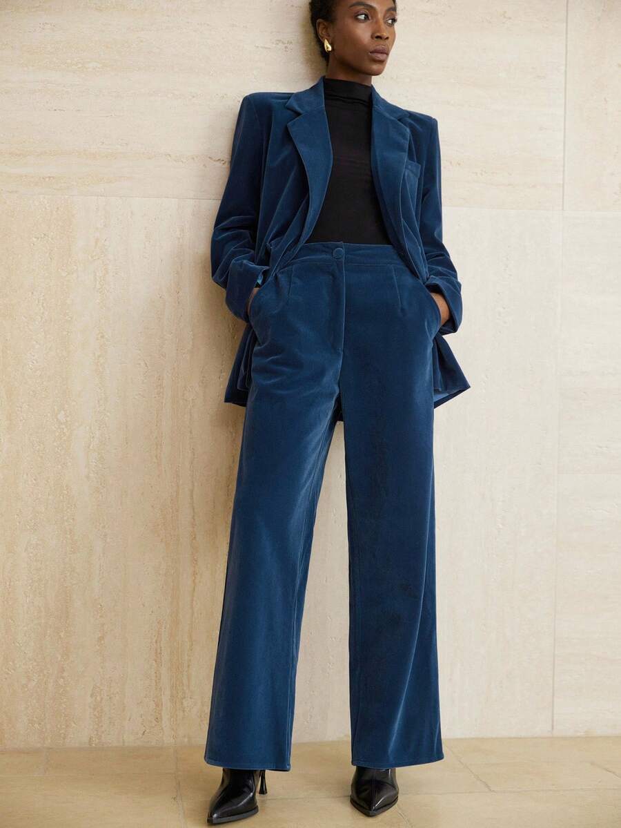 Aveloria Modichic Bộ đồ vest nhung hai hàng khuy công sở và quần ống rộng cho nữ - Màu xanh lam - Xem 1