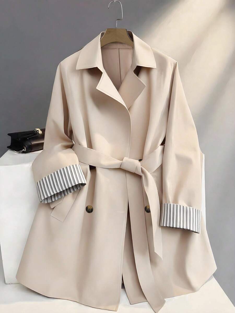 Franclia Casual Commuter Versatile Loose Double-Breasted Waist Tie Soft Twill Fabric Spring Autumn Khaki Women Trench Coat, Mid-Length Windbreaker, Women Casual Autumn - Khaki - View 1