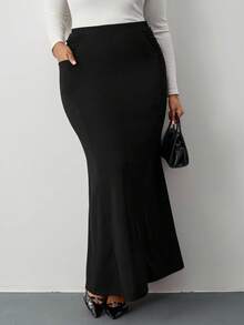 SHEIN Tall CURVE Falda larga elegante con detalle de malla fruncida y talla grande