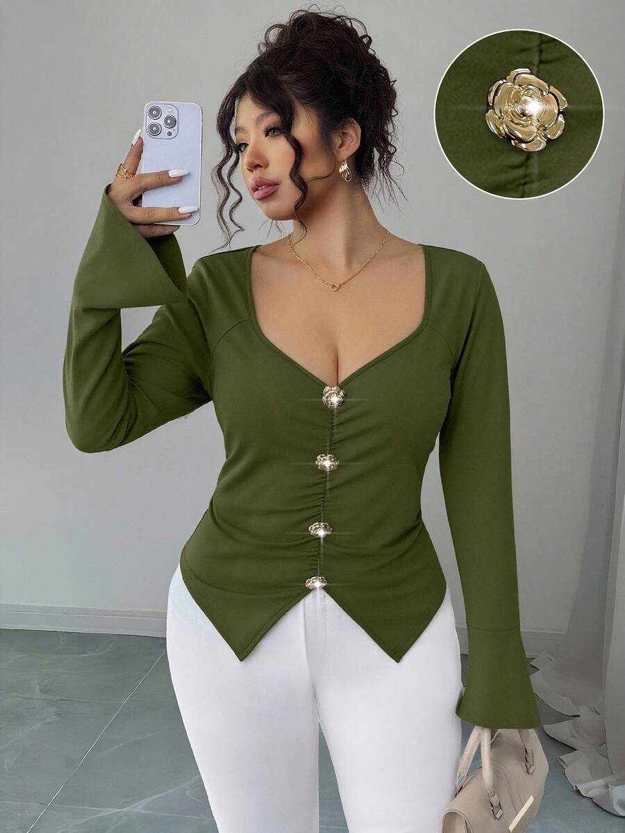 Elenzga Áo thun ôm sát tay loe cổ chữ V cài nút kim loại cỡ lớn - xanh quân đội - Xem 1
