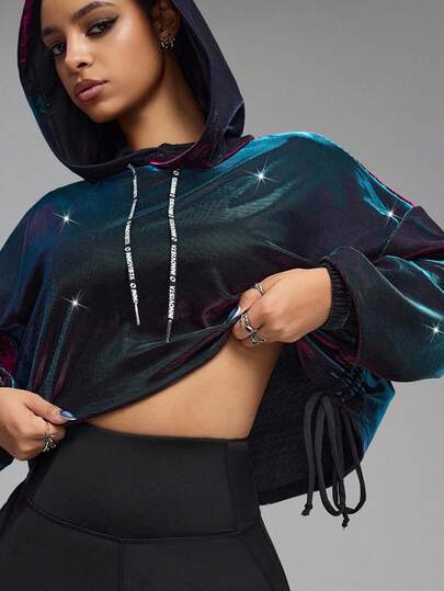 Innovista Sudadera deportiva suelta y sexy con estilo metálico para mujer, sudadera con capucha holgada para gimnasio, ropa deportiva transpirable y de gran tamaño, ropa deportiva brillante y metálica para entrenamiento diario, HIIT, cardio, running, ciclismo, crossfit, ejercicio al aire eventos especiales