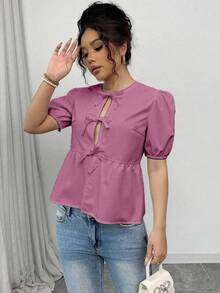 Rafferiza 女款泡泡袖上衣、女款襯衫、蝴蝶結肩帶 - 藕粉色 - 查看 6