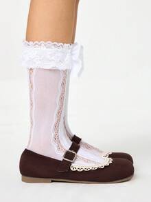 ROMWE Kawaii Women's Brown Loafers, Closed Toe Mary Jane Shoes, Bow Lace Lolita Ballet Flats - Brown - View 4