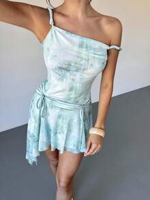 Firerie 女士优雅度假绿色渐变印花不对称飘逸连衣裙 - 綠色 - 查看 8