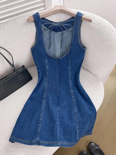 Comfortcana Vestido de mezclilla sin mangas con cuello redondo, espalda descubierta y atar atrás, para mujer en verano