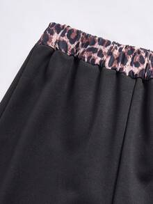 SHEIN Explorewe 2 件套 Tween Girls Me 宽松休闲街头时尚设计斜肩豹纹罗纹印花搭配撞色腰部阔腿裤套装，适合日常、通勤、休闲、度假、聚会、街拍、秋冬 - 黑色 - 查看 7