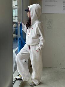 DAZY 2 件套女童针织刺绣连帽衫和保暖内衬裤子套装，秋冬 - 灰色 - 查看 6