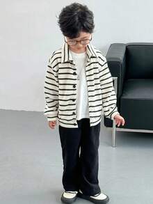 Genkimix Kids 2pcs/Set Toddler Boys' Autumn New Striped Collar Long Sleeve Button-Up Shirt Top And Straight Leg Casual Pants Set, Stylish Street Fashion Outfit Fall Winter - Black and White - View 3