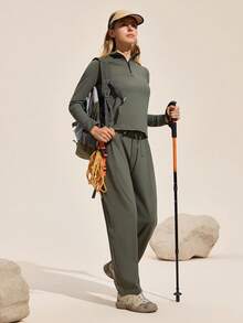 Exploreva Conjunto de top y pantalones de unicolor para mujer para exteriores - Verde militar - Ver 5
