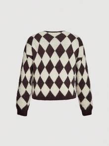 SHEIN MOD Women's Plus Size Classic Plaid Knit V-Neck Cardigan,Brown Autumn Fuzzy Sweater Jacket,2000's School Back-To-School Coffee & Apricot Loose Outerwear - Multicolor - View 8