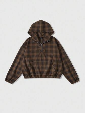Street Life Men's Plaid Print Half Zip Hooded Sweatshirt, Loose Cropped Style , Fall