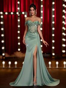 Glamrae Elegant Luxurious Green Lace Sequin Patchwork Satin Handmade Applique Sexy Slit Fishtail Skirt With Draped Hem, Suitable For Parties, Galas, Formal Occasions - Grass Green - View 5