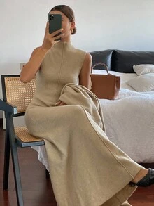 Livesso Women's Loose Jacket And Fitted Dress 2 Pieces Set, Autumn - Khaki - View 6