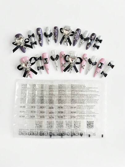 Anime 10pcs Cute Wings, Rose, Bow, Music Note, Star Element High Quality Handmade False Nails + 3pcs Double-Sided Adhesive, Y2K Style Rhinestone Pink Polka Dot White Lace Removable Manicure Stickers, Suitable For Holidays, Parties, Dancing And Daily Wear