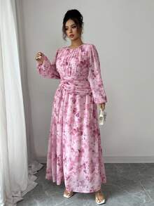 Modelyn 雪纺蝴蝶印花褶饰圆领长袖连衣裙 - 彩色 - 查看 4