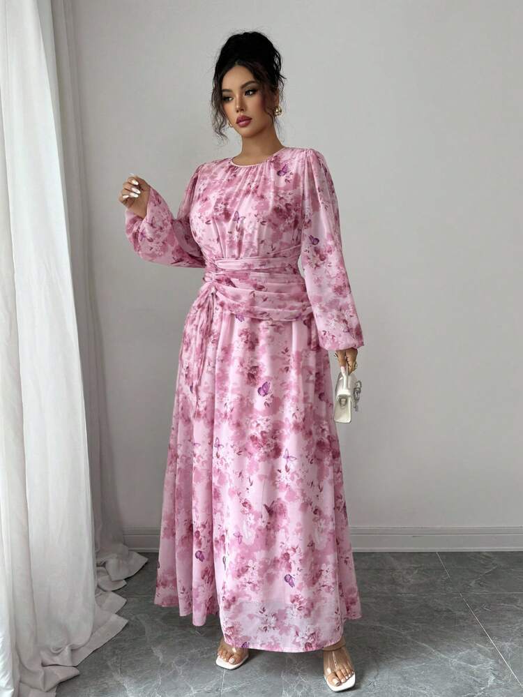 Modelyn Chiffon Butterfly Print Ruched Round Neck Long Sleeve Dress Dress Modest Pink Floral Dress Feminine Dress Floral Dress - Multicolor - View 4