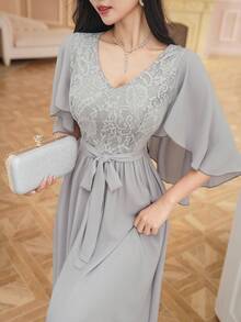 DAZY Chiffon Patchwork Cap Sleeve Belted Women's Mid-Length Dress Sundress - Blue - View 7
