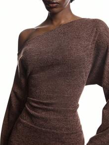 LYSMO 女式纯色不对称肩长袖褶皱休闲连衣裙 - 棕色 - 查看 7