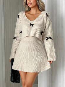 EURMUSE Bộ đồ len 2 món dáng rộng, cổ bẻ lệch màu trơn, tay loe, dáng rộng, có nơ màu tương phản và chân váy len xếp ly màu trơn cạp cao, thích hợp mặc vào cuối tuần, thường ngày mùa thu đông dành cho nữ Y2K - trắng - Xem 6