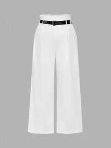 SHEIN MOD Conjunto de 2 piezas de chaleco sin mangas blanco elegante y versátil de lino con cinturón y pantalones de pierna ancha de cintura alta