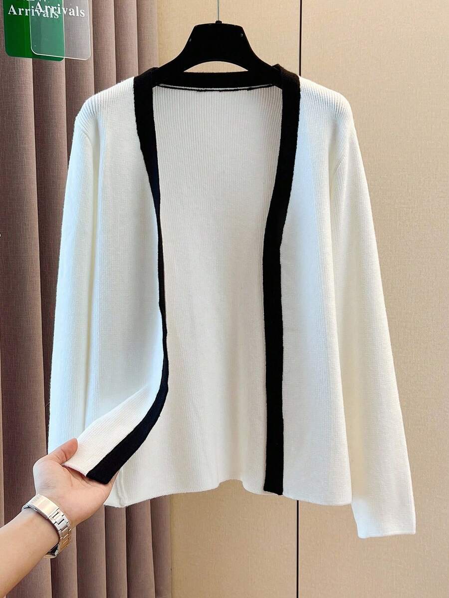 SHEIN Clasi Áo khoác cardigan viền khối màu tối giản, giản dị cỡ lớn, mùa thu - Đen và trắng - Xem 1
