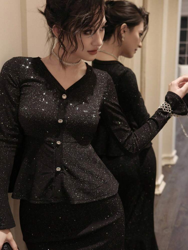 Women's Elegant Sequin V-Neck Ruffle Blouse And Fish Tail Skirt 2 Pieces Set, Autumn