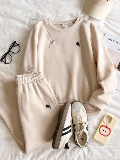 Conjunto deportivo de estilo coreano casual y de alta gama para mujer, apto para primavera/otoño/invierno, sudadera con cuello redondo bordada de moda y pantalón de chándal con cordón, adecuado para estudiantes y correr, conjunto de 2 piezas