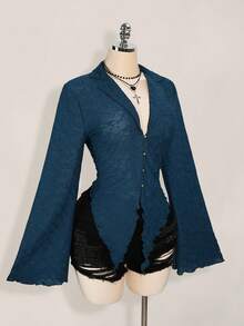 SHEIN ICON ICON PLUS 生菜边不对称下摆透视上衣（无胸罩）大码衬衫 - 1891，Y2k - 藏蓝色 - 查看 6