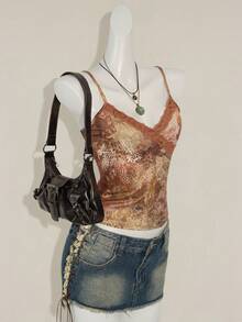 SHEIN ICON 女式休闲蕾丝边印花修身吊带背心 - 棕色 - 查看 1