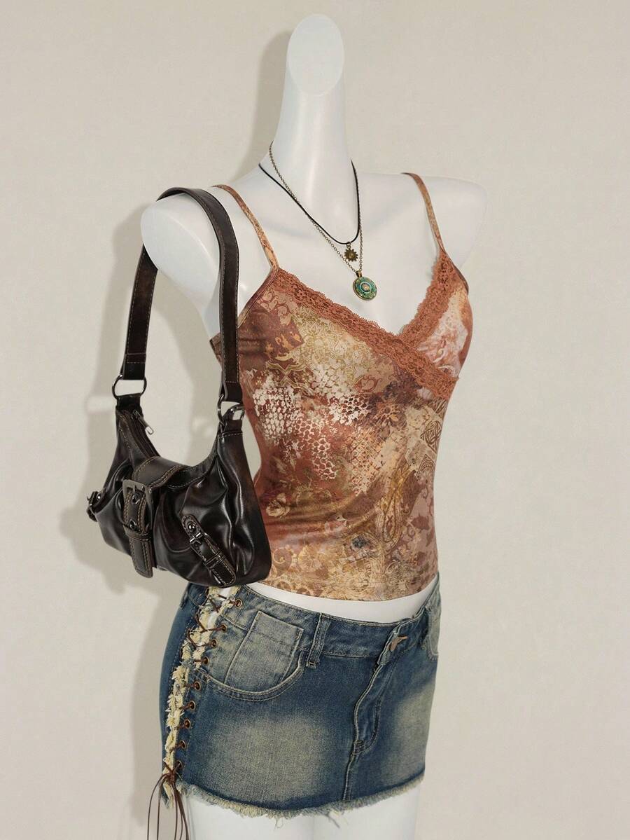 SHEIN ICON 女式休闲蕾丝边印花修身吊带背心 - 棕色 - 查看 1
