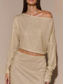 SHEIN BAE Damska jednokolorowa metaliczna, brokatowa, złota/srebrna dzianina z długim rękawem i obszernym, skośnym dekoltem na ramiona, elegancka narzutka na przyjęcie koktajlowe, do klubu, na święta Y2K, dla dziewczyn z klasą, na wakacje