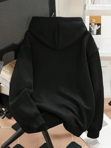 SHEIN 青少年女孩休闲别致蝴蝶结装饰连帽衫，舒适运动衫，适合秋冬季 - 黑色 - 查看 2