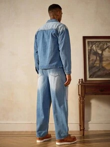 Manfinity Homme Ensemble veste et jeans multi-poches lavés pour homme, vêtements d'automne - Bleu azur - Voir 2